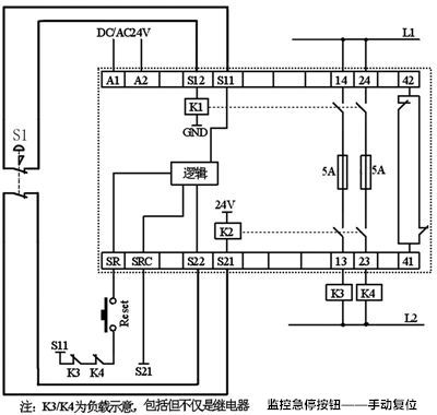 安全繼電器接線圖-監控急停按鈕-手動復位