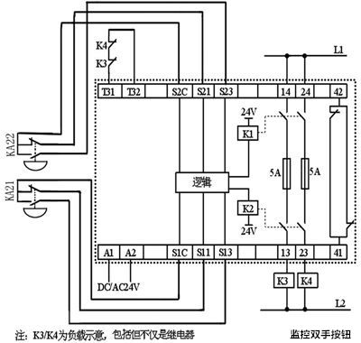 安全繼電器接線圖-監控雙手按鈕